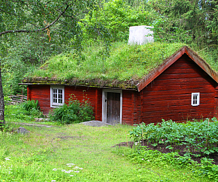 Grass-roofed cottage in Skansen open air museum