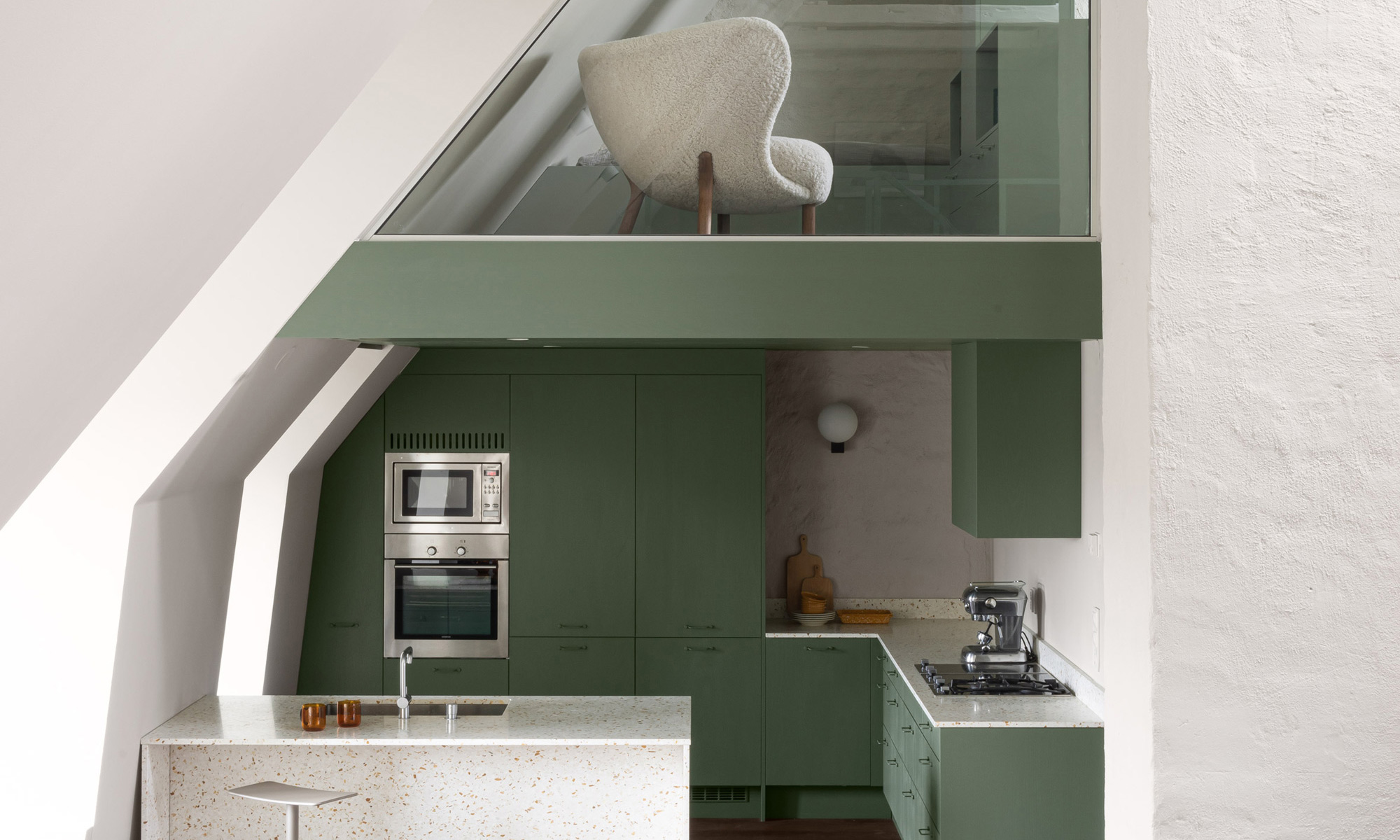 Sage green kitchen, small apartment