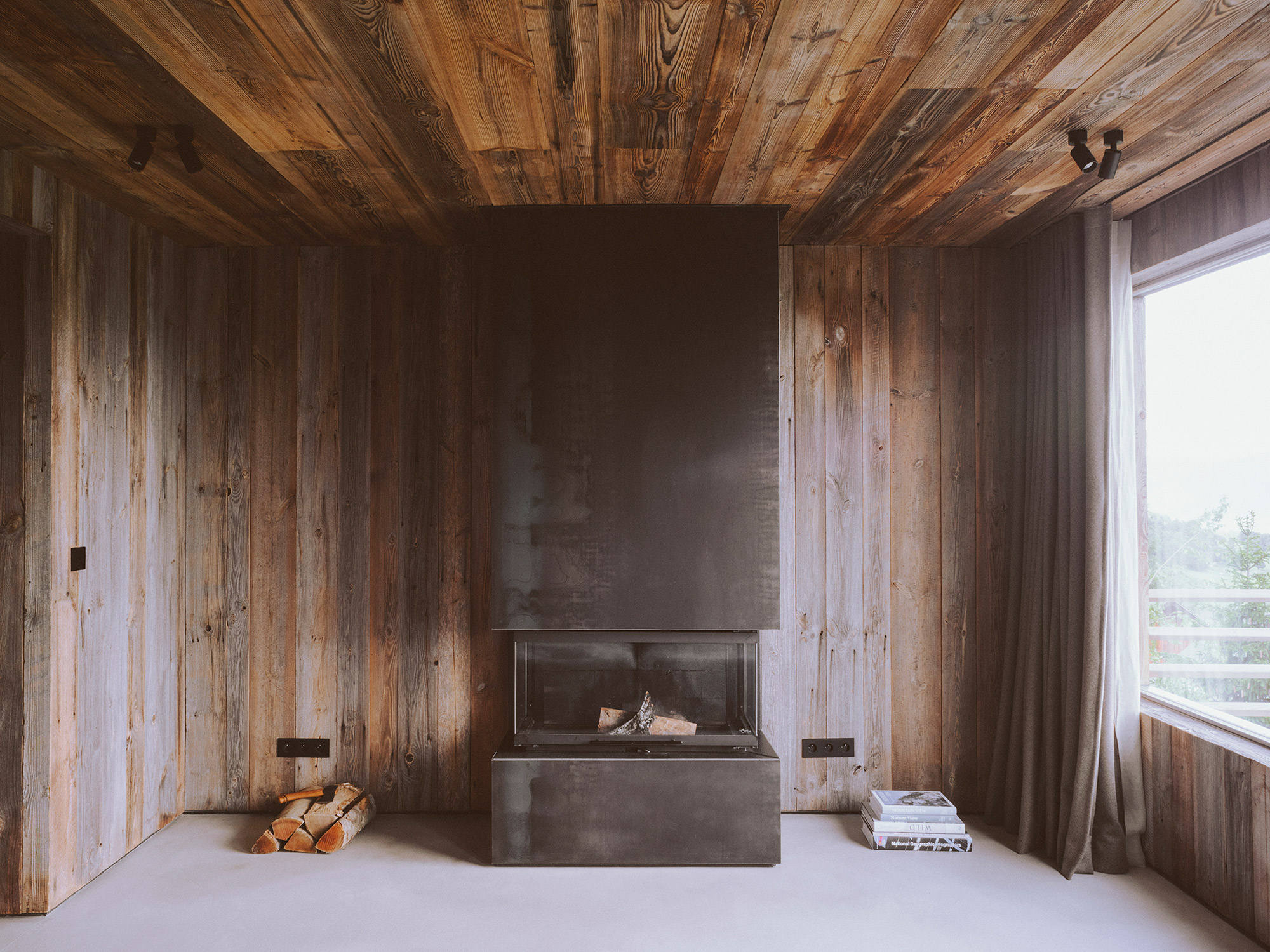 Rustic alpine chalet, stainless steel fireplace