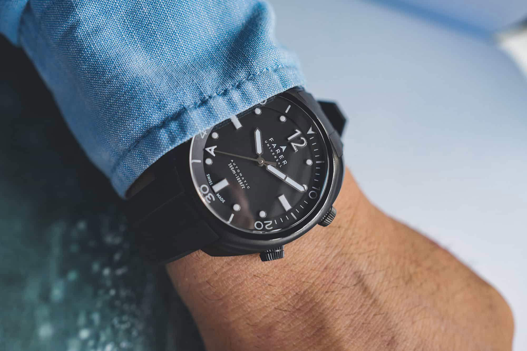 Farer's Endeavour Titanium Aqua Compressor automatic watch, black, worn casually
