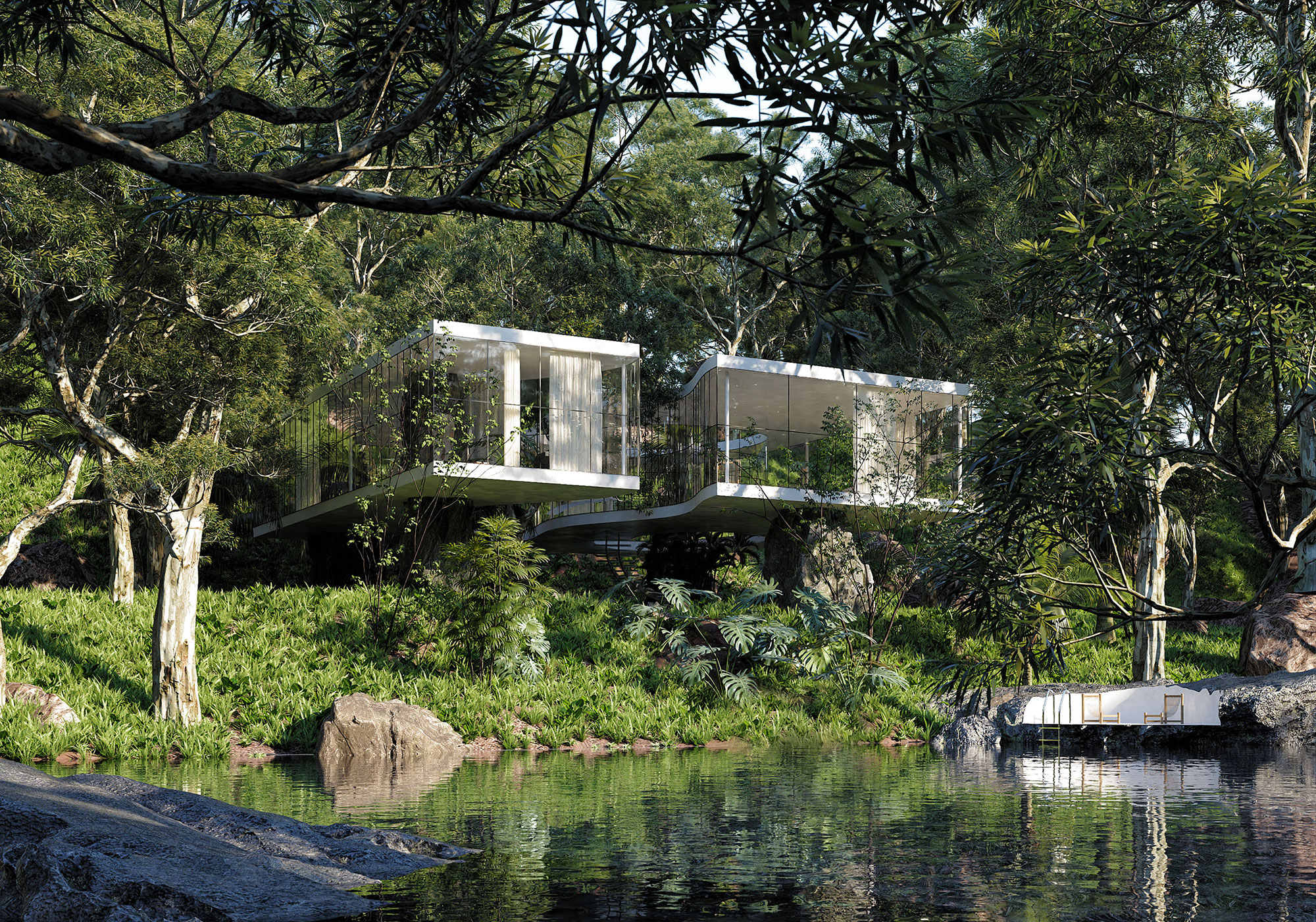 Modern glass house by the lake