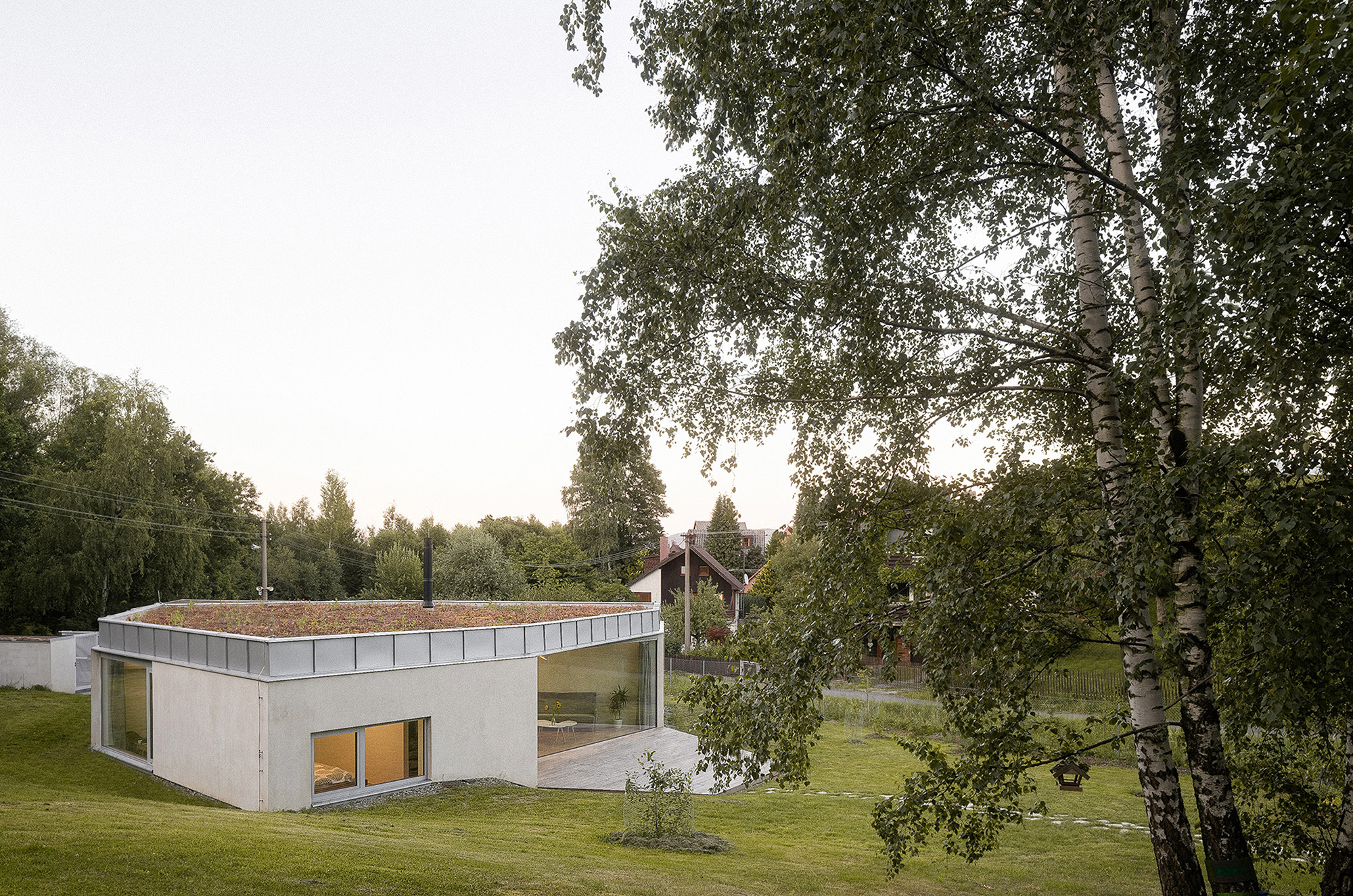 Modern concrete house, green roof