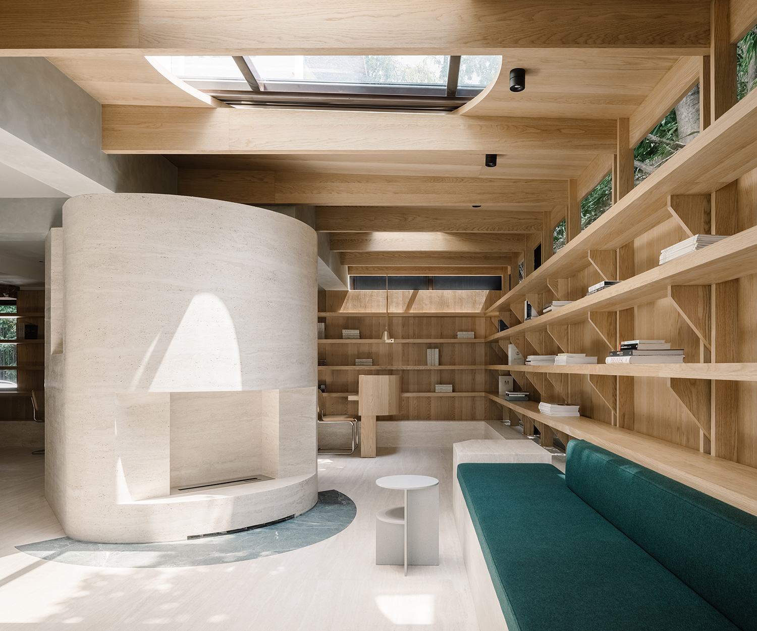 Reading Room Atelier tao+c, stone fireplace